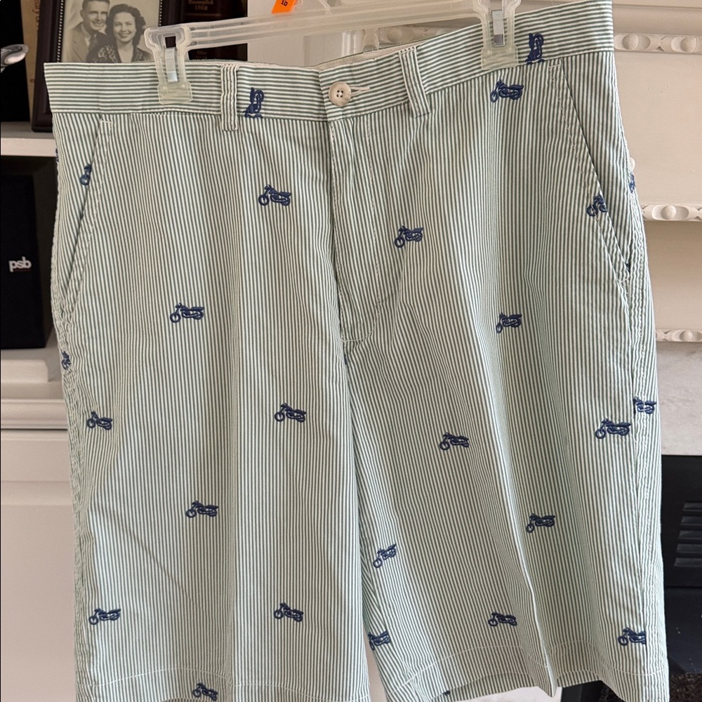 Grandmillennial Preppy Tommy Hilfiger Seersucker Shorts Blue Green Motorcycle 36